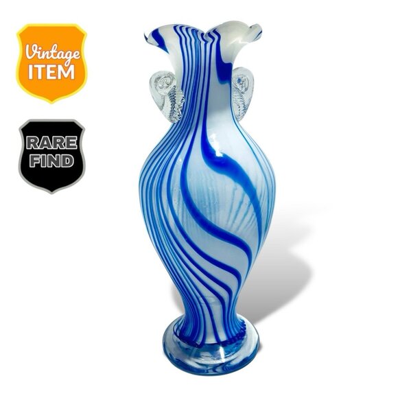 Vintage Hand Blown Art Glass Blue & White 12 Inch Murano Style Vase. RARE! HTF! - Picture 1 of 12